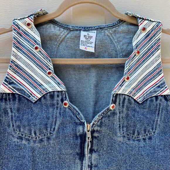Vintage Western Ethics Denim Scalloped Studded Stripe Red White Blue Vest Large - Picture 3 of 7